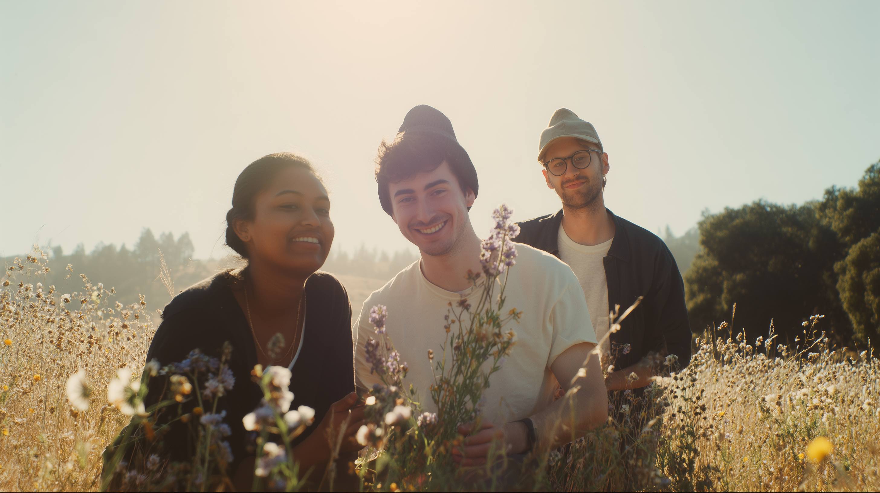 Diverse queer friends smiling together in a wildflower meadow during golden hour